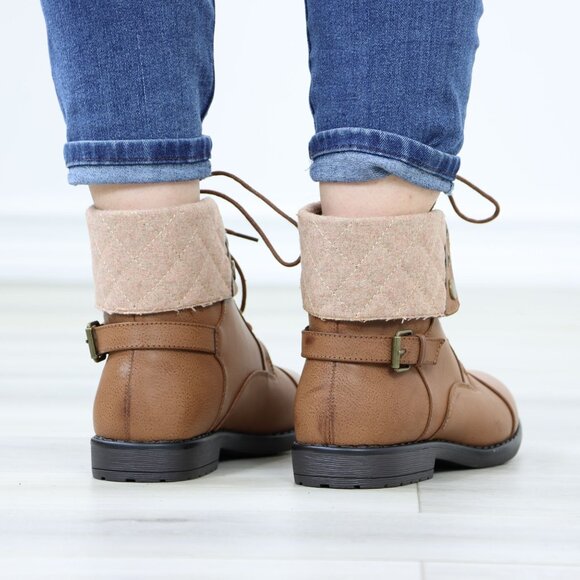 Flat Combat Lined Ankle Boots Tan Faux Leather Booties - Picture 6 of 10